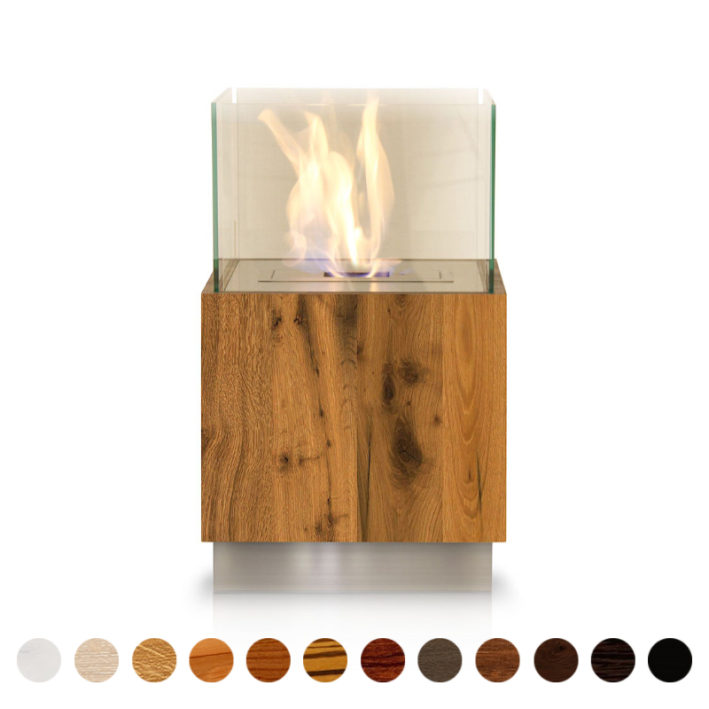 Altholz Massivholz Kamin Ethanol Eiche aus ca. 300 Jahre alten Balken hergestellt Echtholz im Konfigurator bestellen kombiniert mit Designer