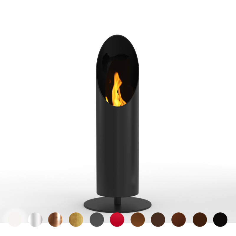 Bio Kamin in schwarz mit exklusiver Beschichtung eckig bis rund oval nach Wunschmaß echtes Feuer ohne Rauch