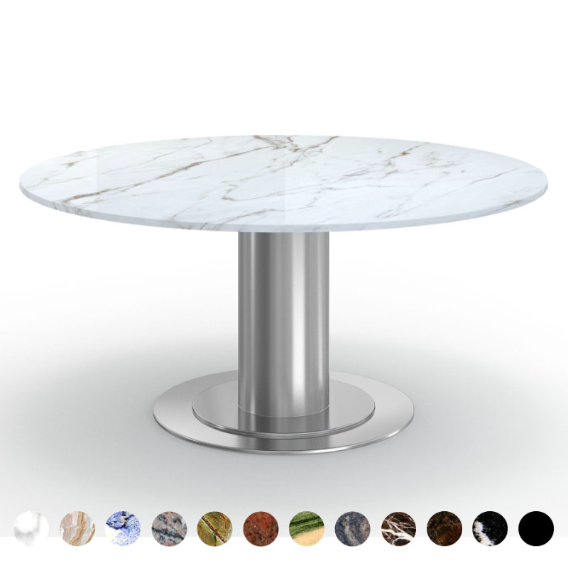 Luxus Esstisch rund/oval mit Naturstein Marmorplatte Calacatta Brazil und Metall Mittelsäule Barcelona