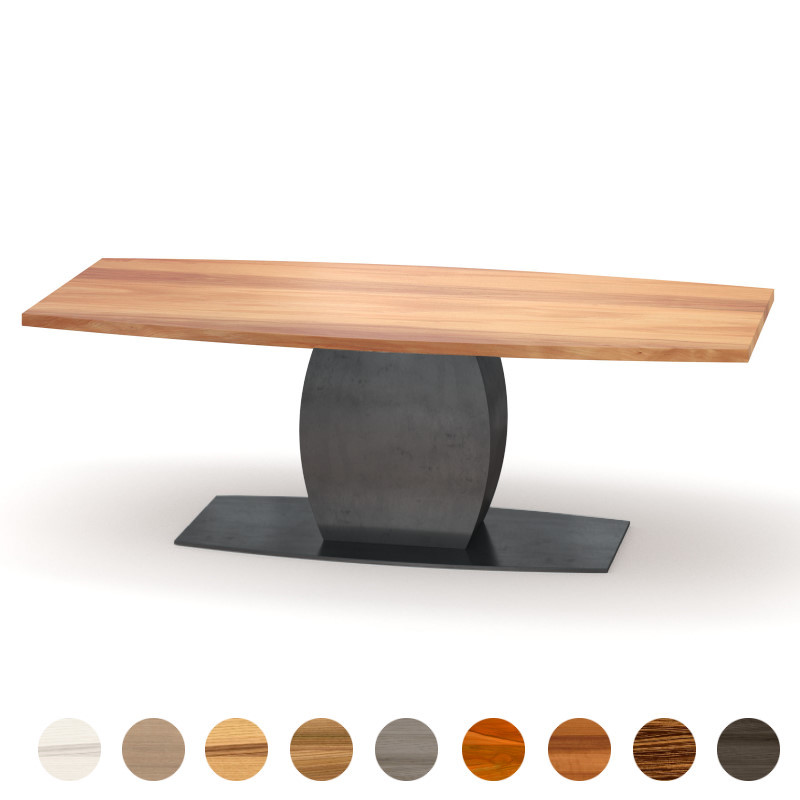Exklusiver Massivholz Elsbeere Esstisch Bootsform mit Metallsäule Amsterdam