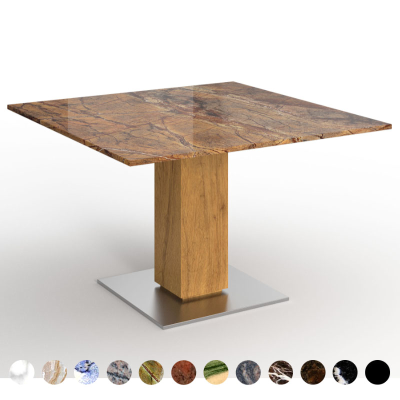 Säulentisch Premium Marmor Rainforest Brown Tischplatte und Mittelfuß aus Holz Basel