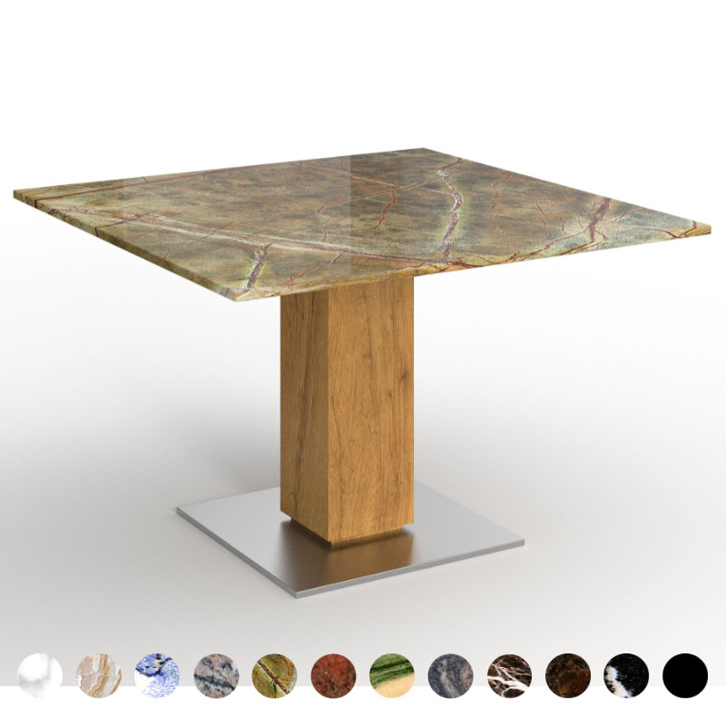 Säulentisch Premium Marmor Rainforest Green Tischplatte und Mittelfuß aus Holz Basel