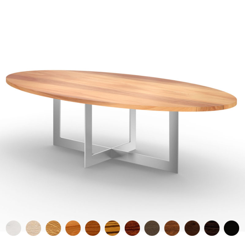 Exklusiver Esstisch rund/oval Massivholz Elsbeere Metallgestell Arbon