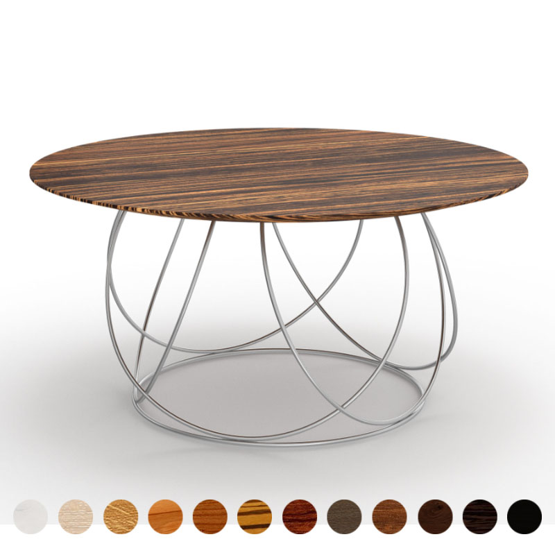 Designertisch rund/oval mit Holztischplatte massiv Zebrano und Metallgestell Mainz