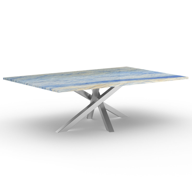 Deluxe Esstisch Natursteinplatte Azul Macaubas Granit Kreuzgestell Metall konfigurieren Onex