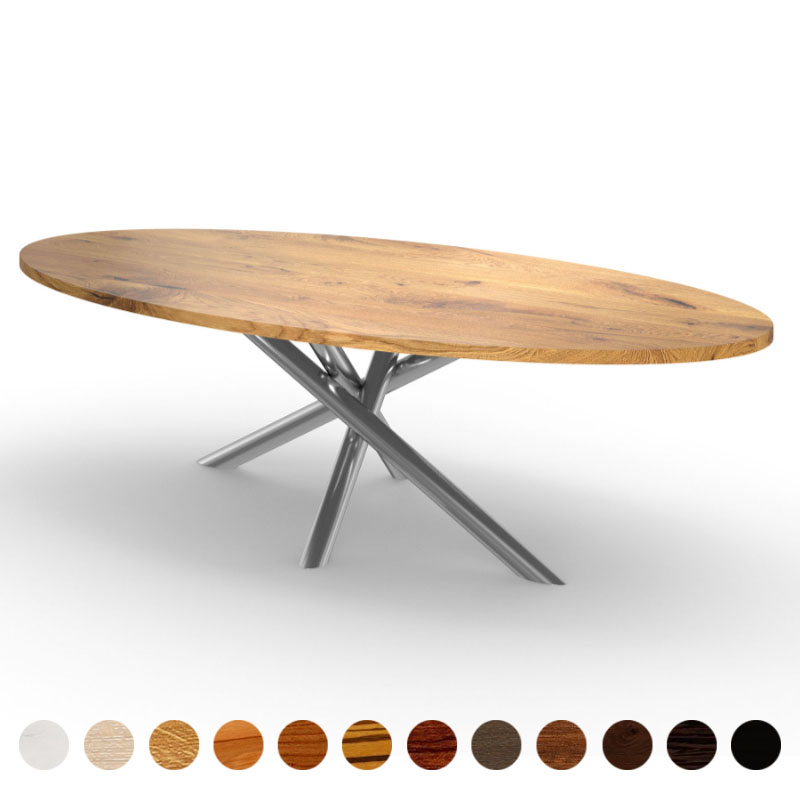 Designertisch premium Massivholz Wildeiche mit X-Metallgestell Kent