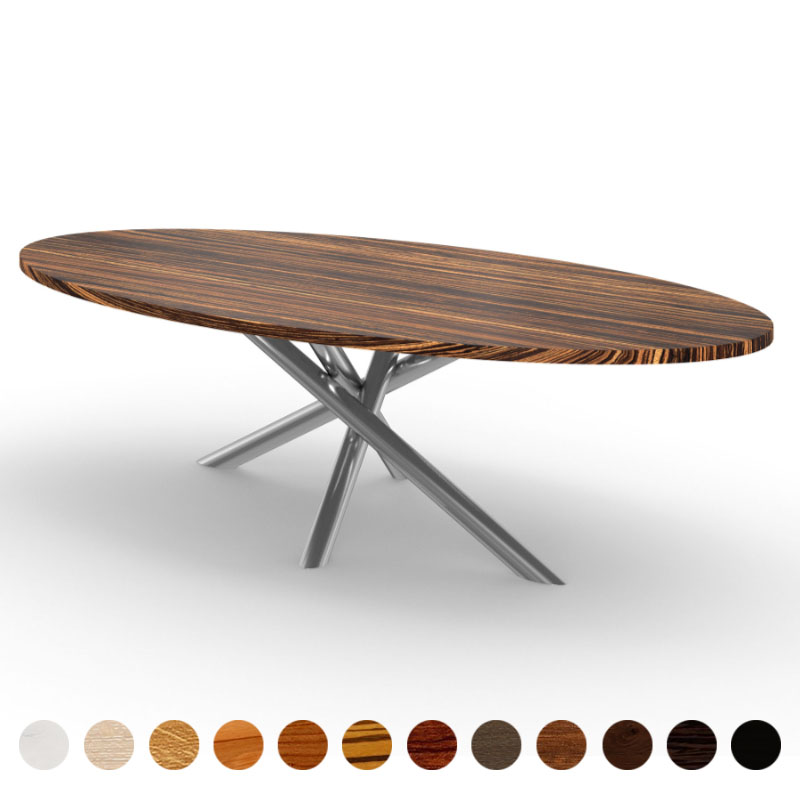 Designertisch premium Massivholz Zebrano mit X-Metallgestell Kent
