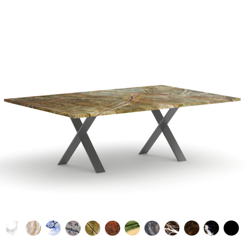 Designer Esstisch Marmor Rainforest Green X-Gestell nach Maß Phoenix