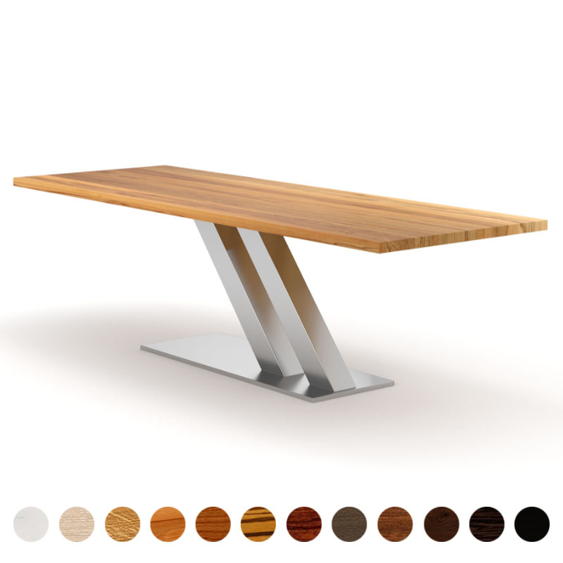 Designer-Esstisch mit Massivholzplatte Kernbuche und diagonalem Metallgestell Kolin