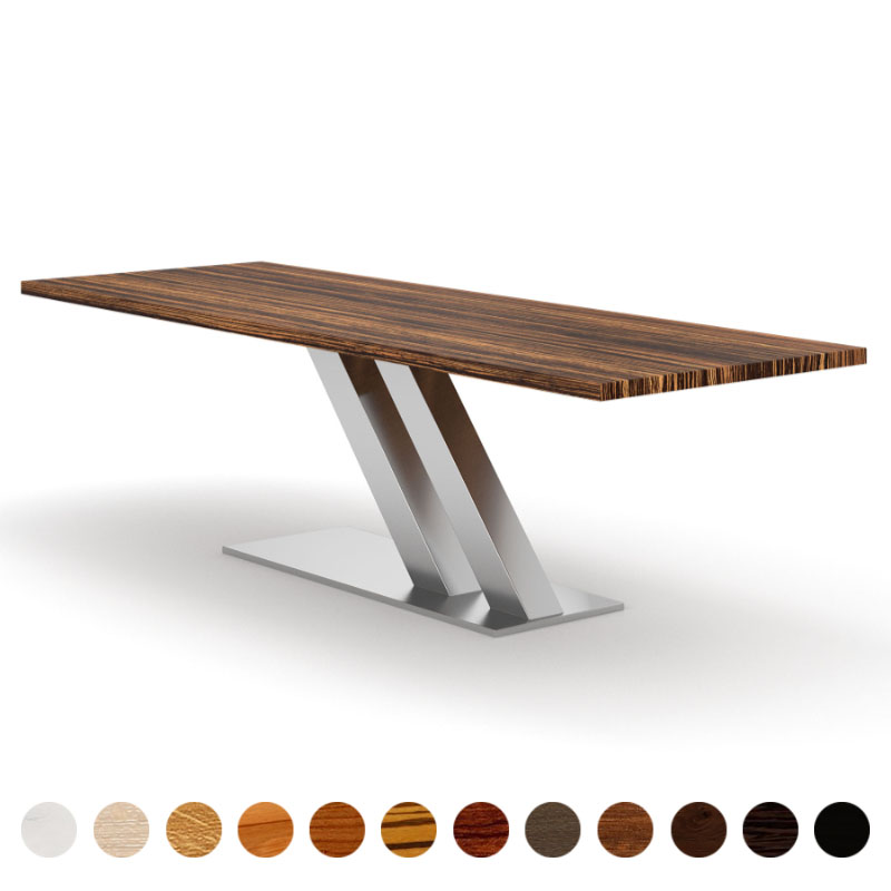 Designer-Esstisch mit Massivholzplatte Zebrano und diagonalem Metallgestell Kolin