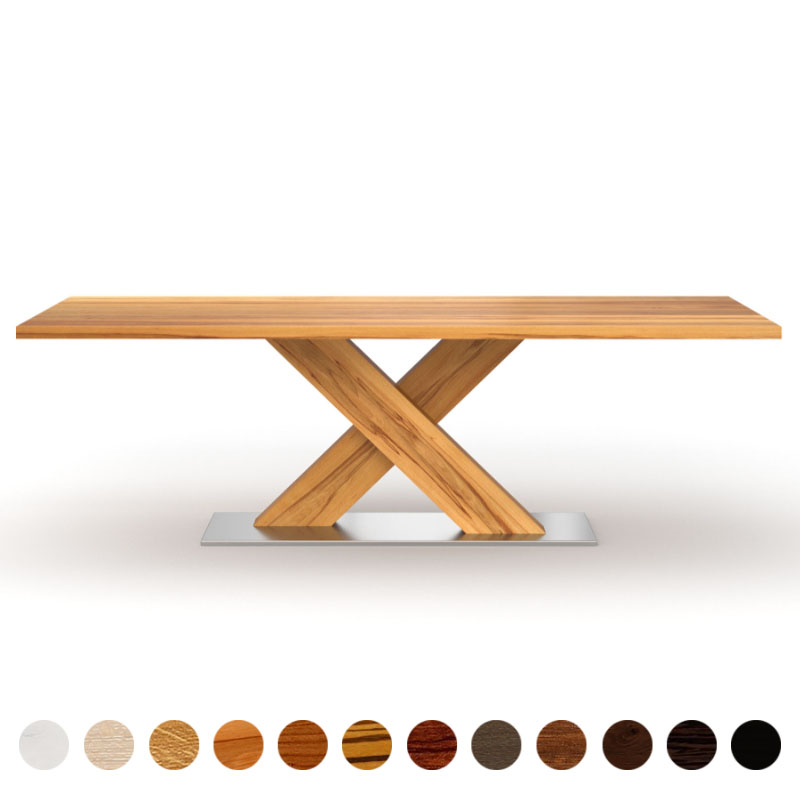 Massivholztisch Kernbuche mit X-Gestell und Bodenplatte Danzig