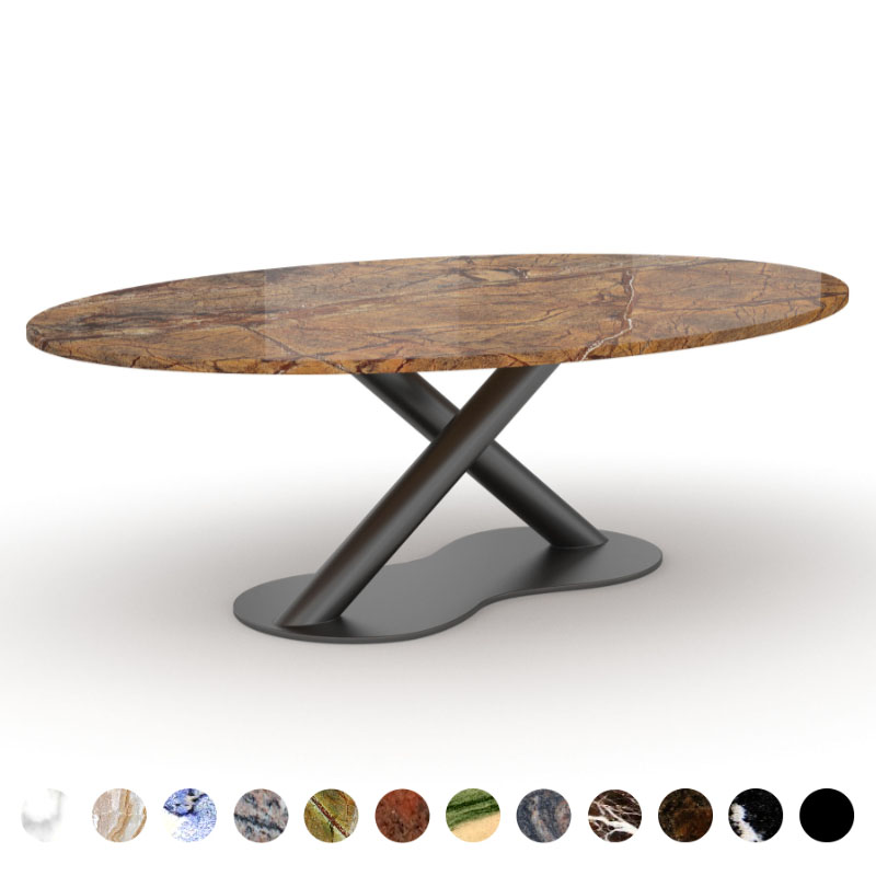 Esszimmertisch Naturstein Granit Rainforest Brown mit X-Säulen diagonal Innsbruck