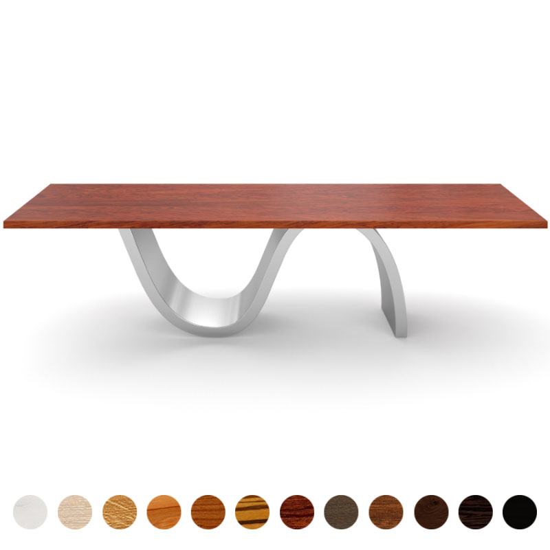 Esstisch mit Wave Gestell und Massivholzplatte Bubinga Woge