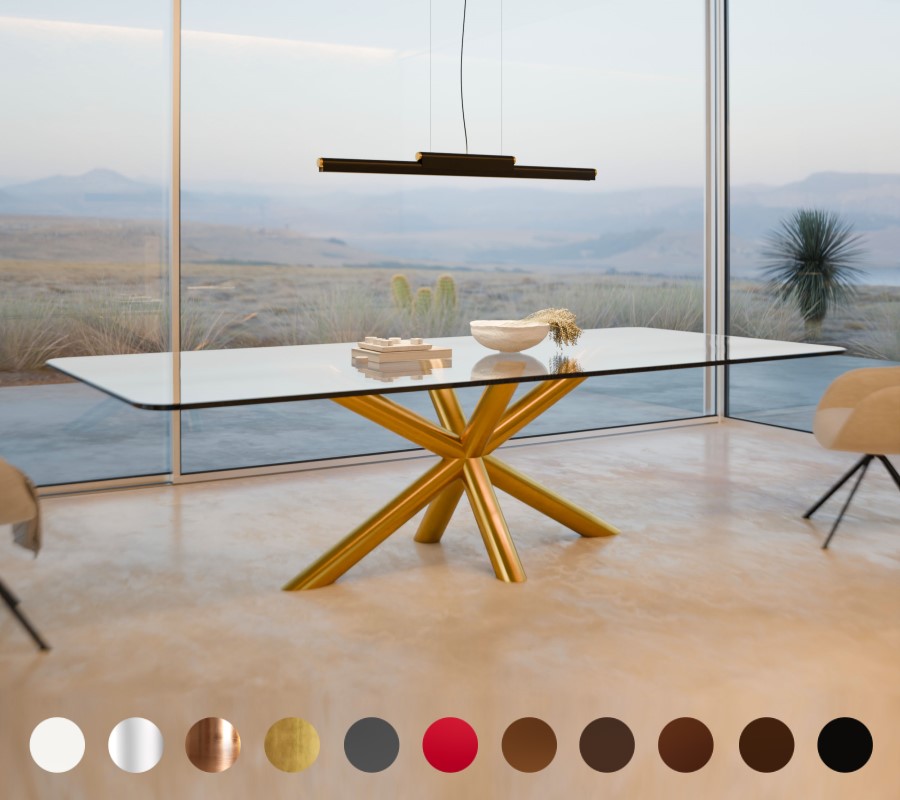 Der Premium‐Esstisch „Kingston“ mit Glasplatte & Metall‐Mittelfuß verbindet transparente Leichtigkeit mit industrieller Eleganz.