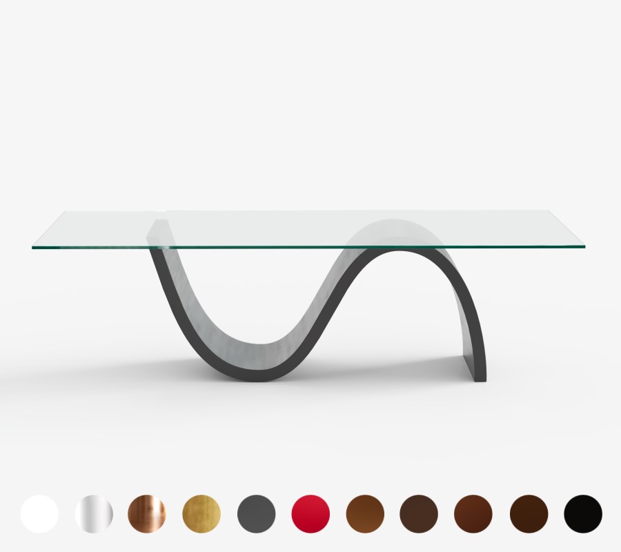 Der Esstisch „Woge“ mit Glasplatte & Metallgestell verbindet modernes Design mit visueller Leichtigkeit.