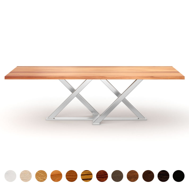 Maßgefertigter Couchtisch Massivholzplatte Birnbaum und Kreuzgestell Castello Branco