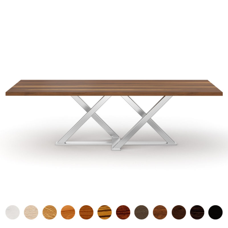 Maßgefertigter Couchtisch Massivholzplatte Nussbaum-satin und Kreuzgestell Castello Branco