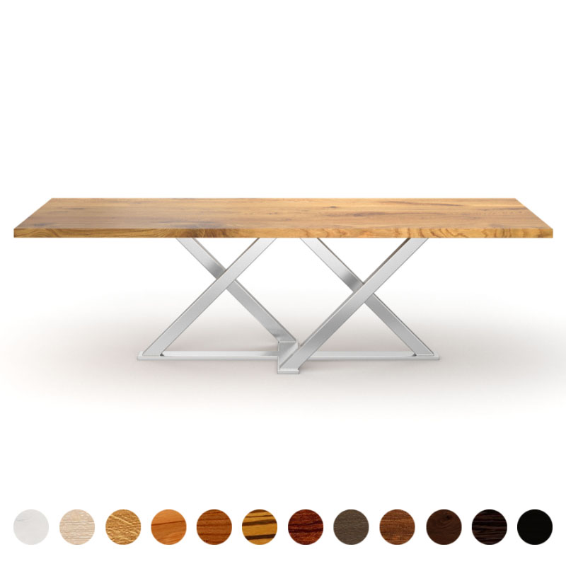 Maßgefertigter Couchtisch Massivholzplatte Wildeiche und Kreuzgestell Castello Branco