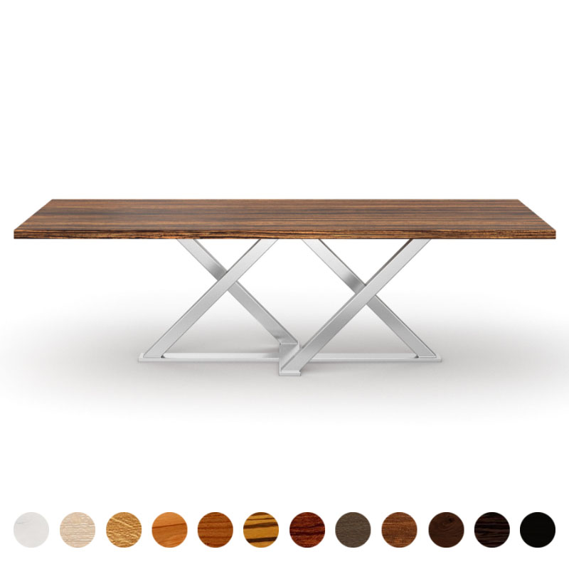 Maßgefertigter Couchtisch Massivholzplatte Zebrano und Kreuzgestell Castello Branco