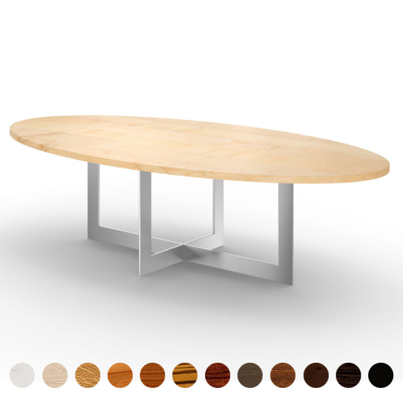 Moderner Couchtisch mit Massivholz Tischplatte Ahorn maßgefertigt und Kreuzgestell Arbon