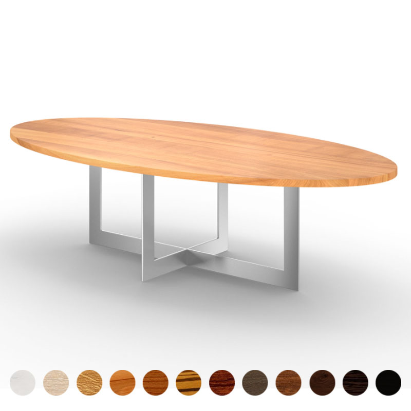 Moderner Couchtisch mit Massivholz Tischplatte Birnbaum maßgefertigt und Kreuzgestell Arbon