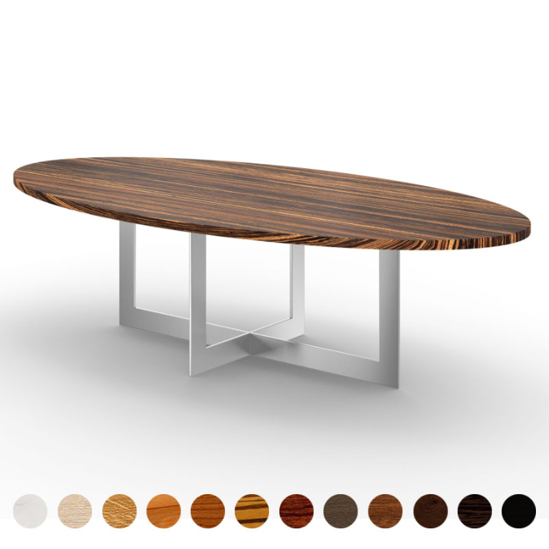 Moderner Couchtisch mit Massivholz Tischplatte Zebrano maßgefertigt und Kreuzgestell Arbon