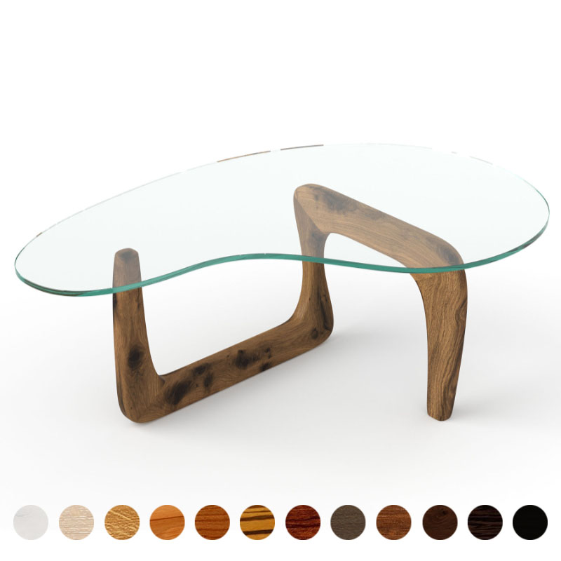 Luxus Couchtisch Niere mit Glasplatte und Massivholz Eiche-Altholz Gestell Siena