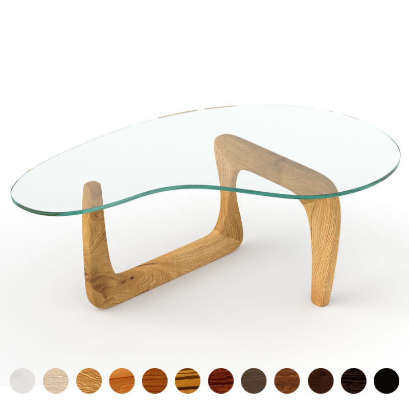 Luxus Couchtisch Niere mit Glasplatte und Massivholz Wildeiche Gestell Siena