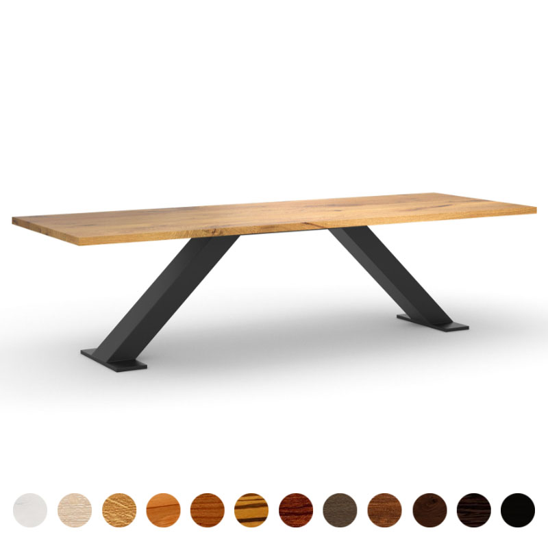 Premium Couchtisch Massivholz Wildeiche mit diagonalen Metallgestell Breslau