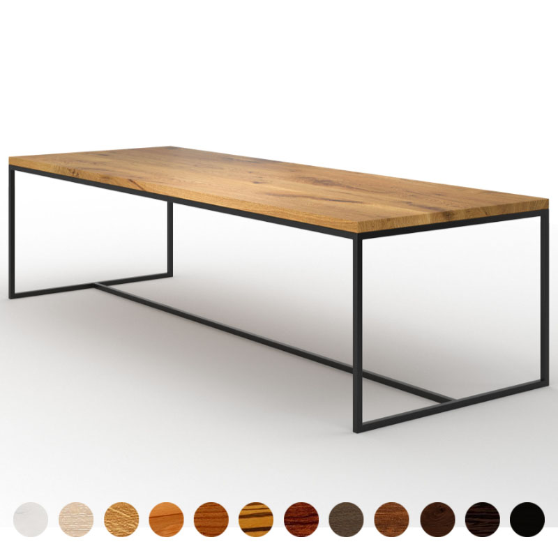 Couchtisch Minimaldesign mit Massivholz Tischplatte Wildeiche und filigranen Metallgestell Bari