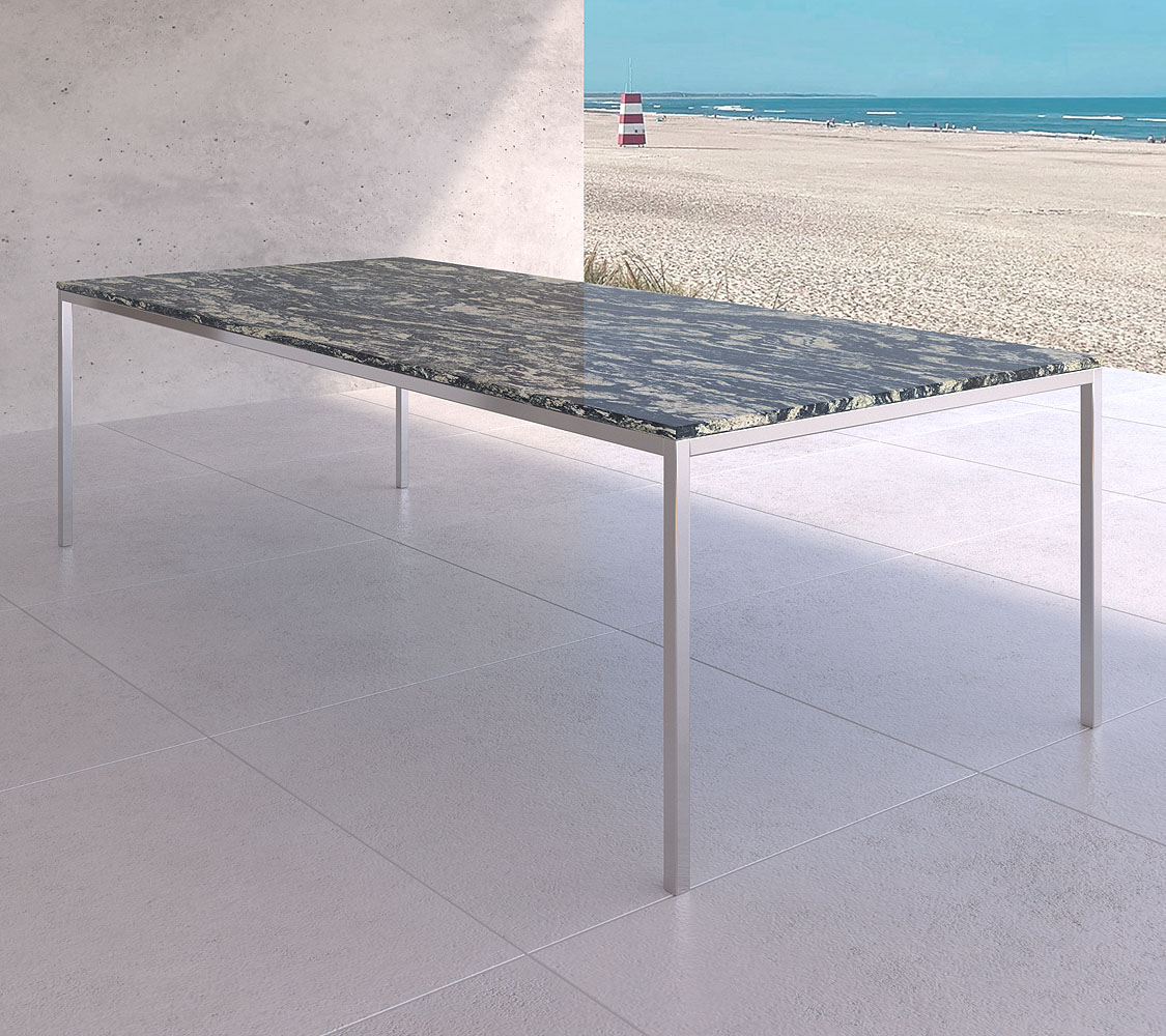 wetterfester Gartentisch aus Granit nach Mass Amadeus mit Edelstahlgestell und Steinplatte luxus Terrassentisch auch als exklusiver Steintisch von