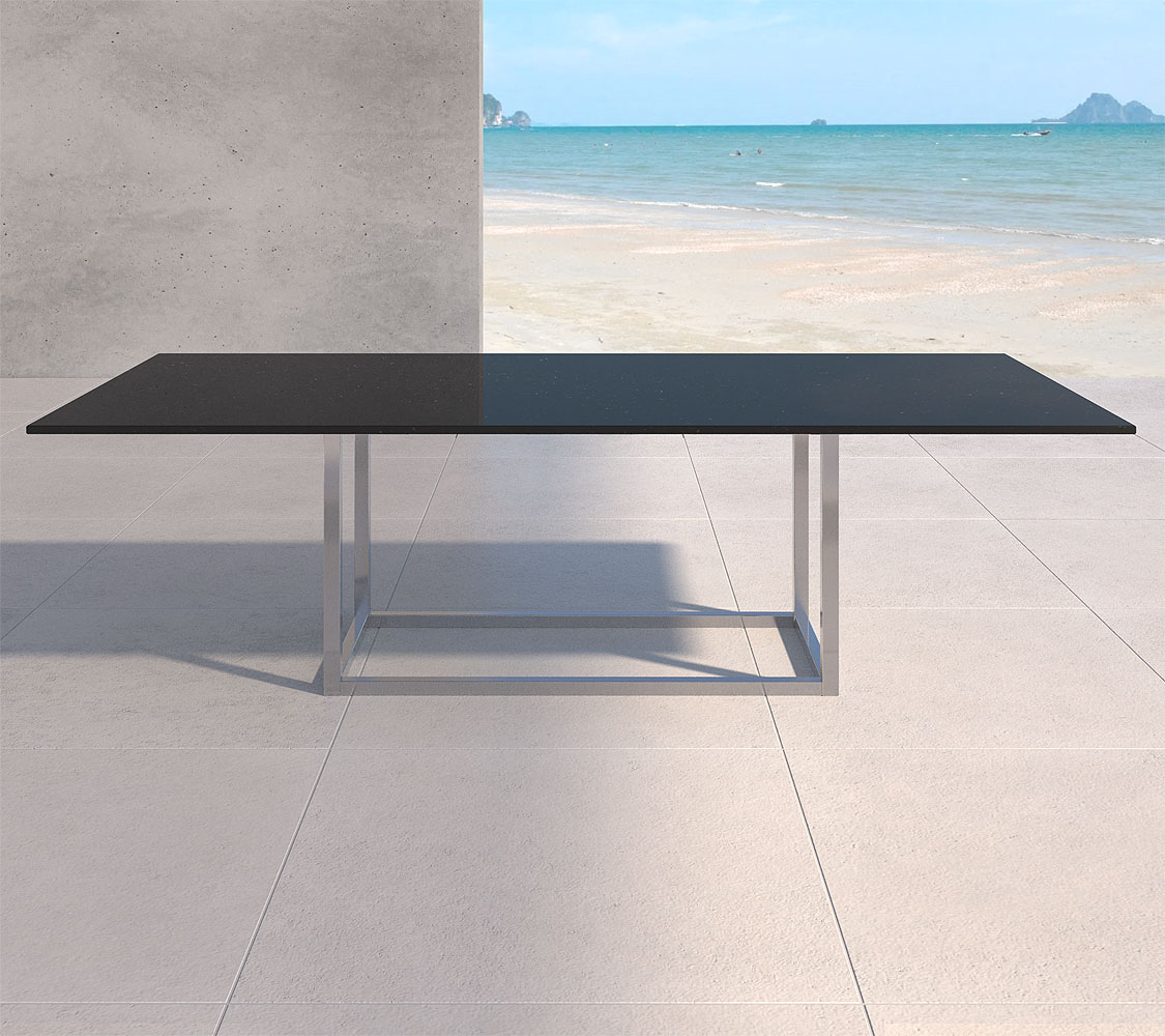 Naturstein Gartentisch schwarzer Tisch aus Naturstein Black royal im Konfigurator bestellen kombiniert mit Designer Tischgestell aus Edelstahl Ricon