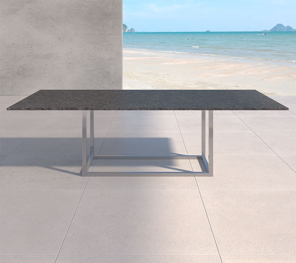 Gartentisch aus Matrix Schiefer und Metallgestell nach Mass bestellen wetterbeständig von Platte bis Gestell V2A Ricon