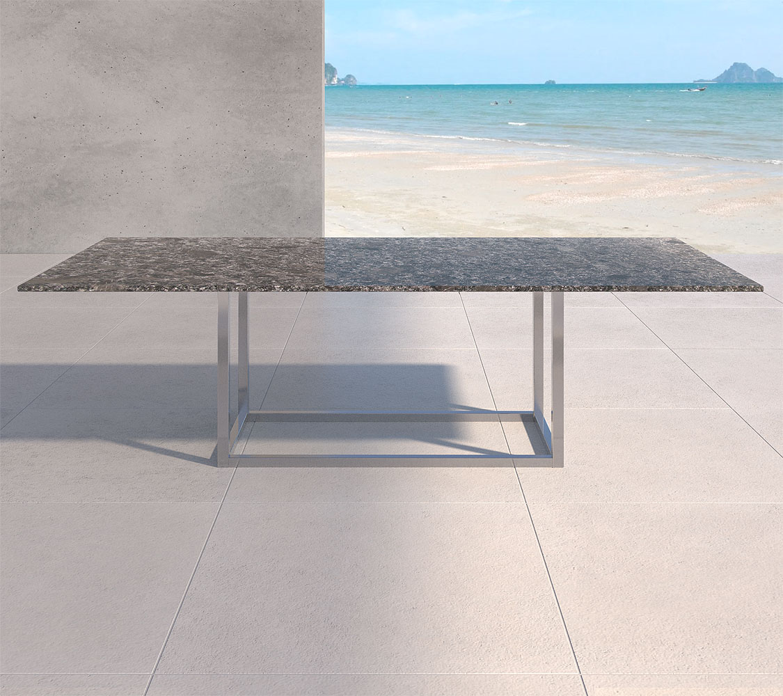 Outdoortisch Steel Gray Naturstein und Edelstahl konfigurieren Sie Ihren Tisch nach Maß Premium Gartenmöbel im Ricon Shop kaufen + Lieferung
