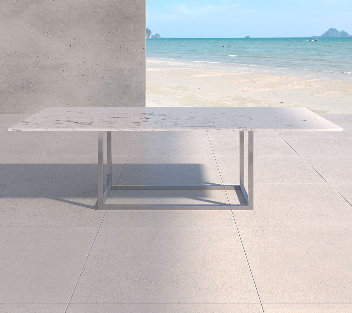 heller Steintisch für den Garten mit grauen Adern im Wunschmaß bis 3 Meter und 1,5 m Breite sind möglich fürstliche Tafel modern Ricon