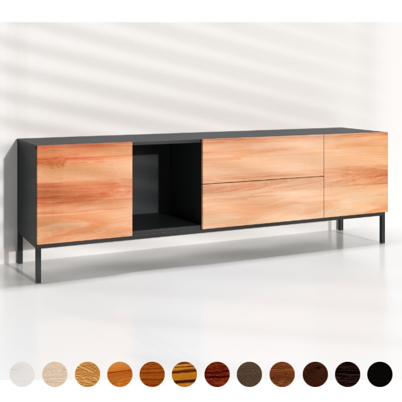 Premium Lowboard als schicker Trendsetter aus Elsbeere Hartholz luxus Tisch sowie Bänke und Stühle im Onlineshop ricon Konfigurator kaufen